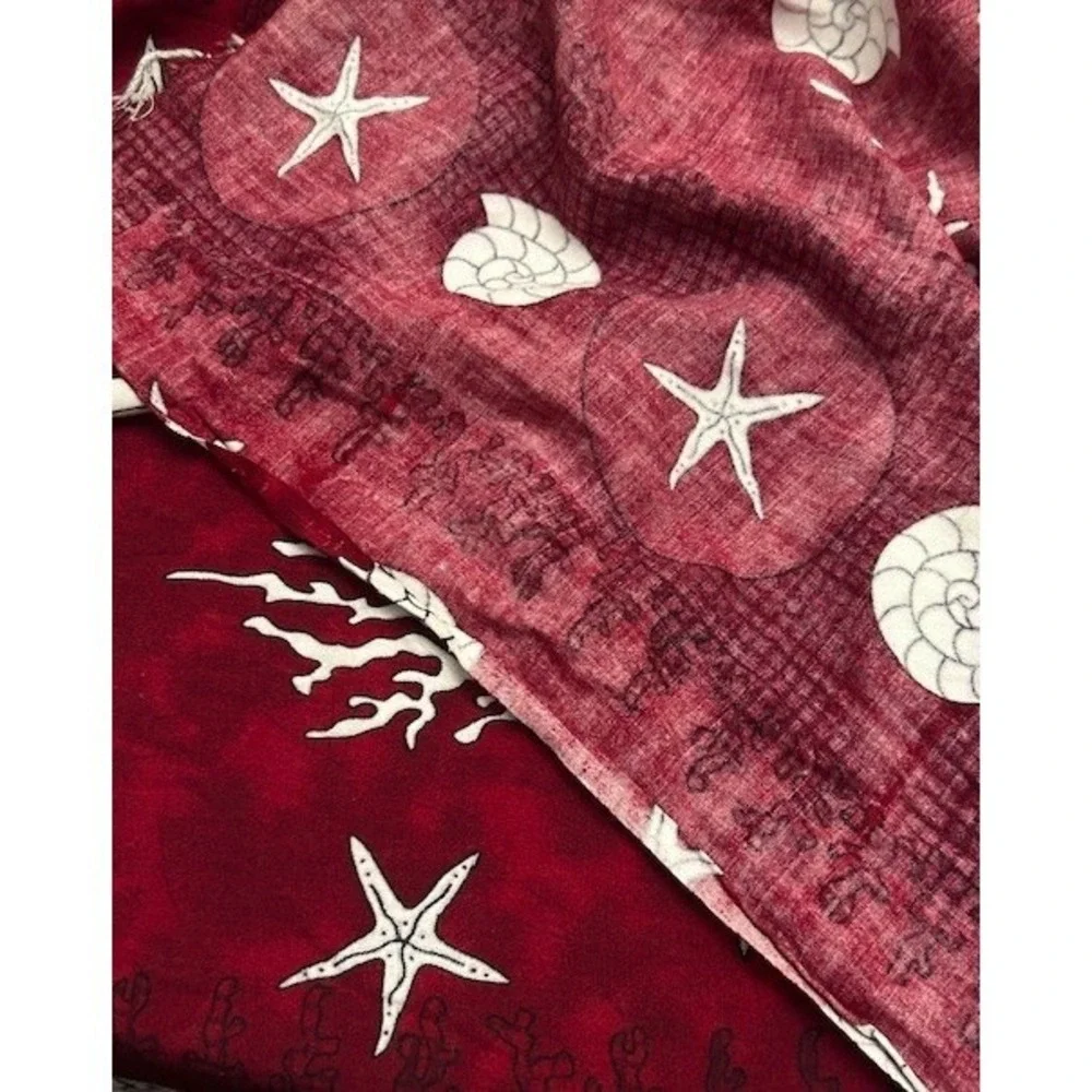 VTG Handmade Nautical Shell Starfish Dolphin Print Scarf Sarong Red Coastal Wrap